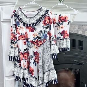 Floral Ruffle Blouse with Lace Trim - White Multi with matching skirt